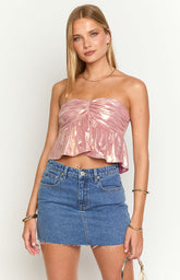 Barbara Pink Metallic Strapless Crop Top